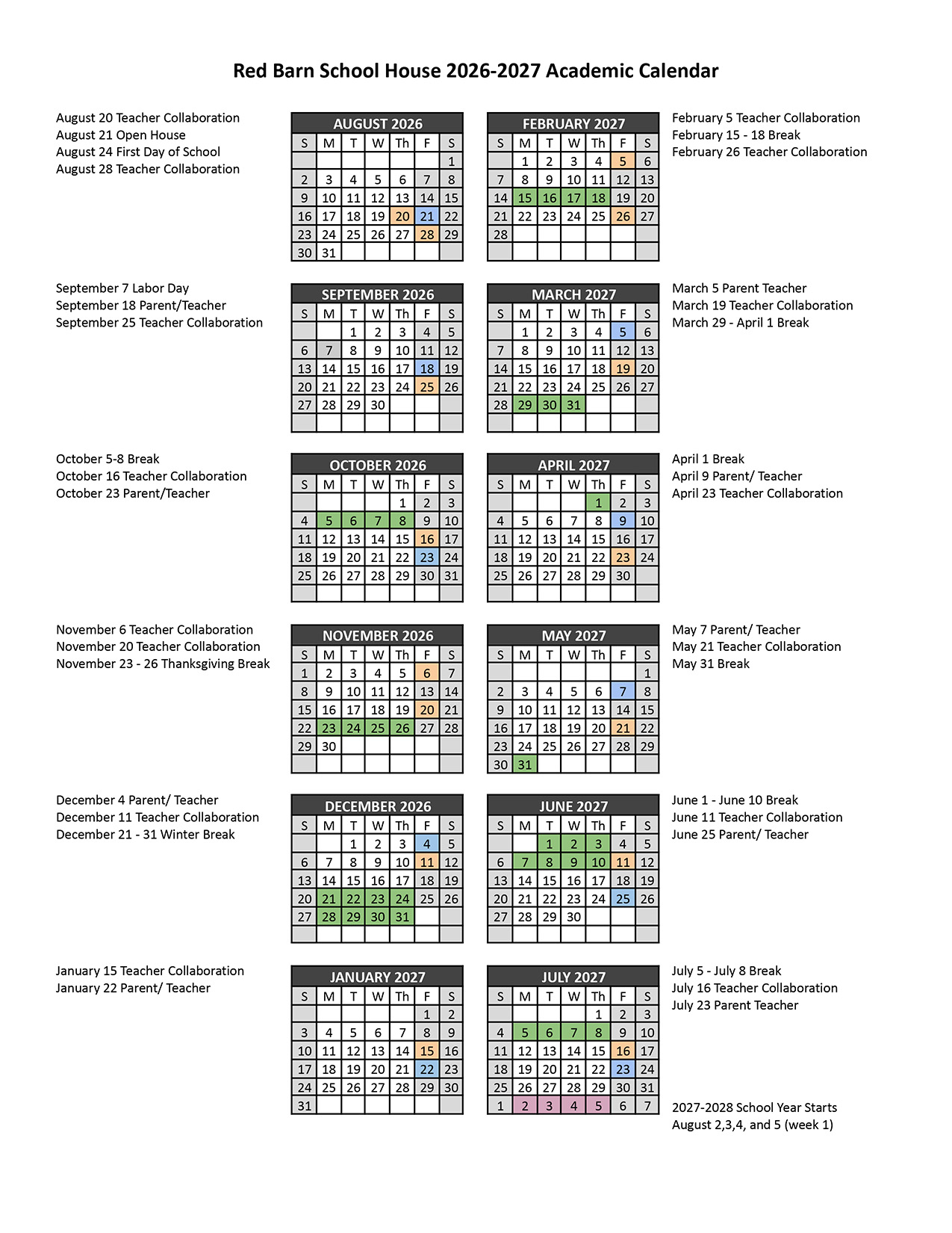 2026 2027 red barn schoolhouse calendar